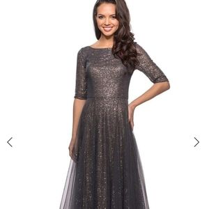 La Femme sequined bateau A-line dress